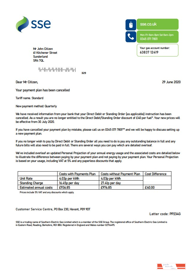 United Kingdom SSE Energy utility bill template in Word and PDF format, version 1